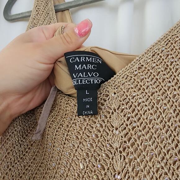 Carmen Marc Valvo Knit crochet Maxi Dress L tan gold All-over beaded formal vtg - Picture 7 of 13